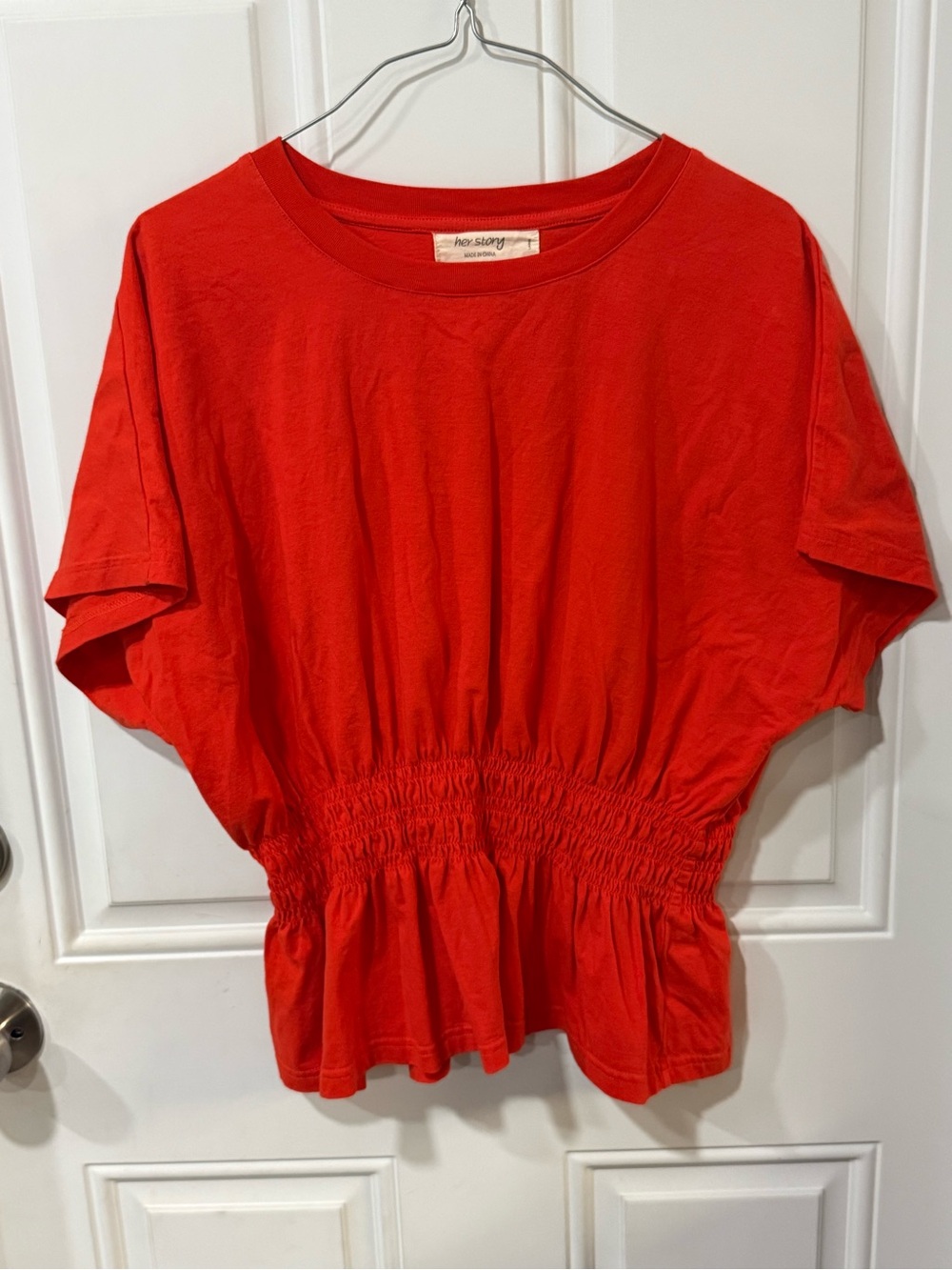 Bright Red Shirred-Waist Short Sleeve Blouse